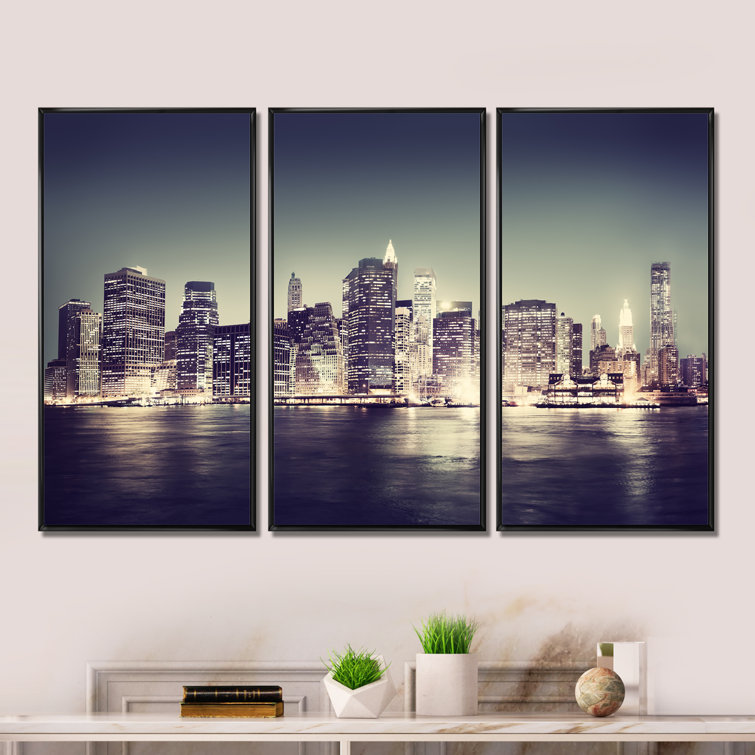 Ebern Designs Black And White NYC Night Panorama Framed On Canvas 3